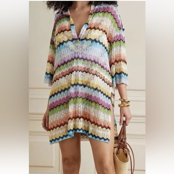 Missoni Knit Zigzag Chevron Crochet Multicolor Coverup Kaftan Beach Dress IT40 - Picture 1 of 16